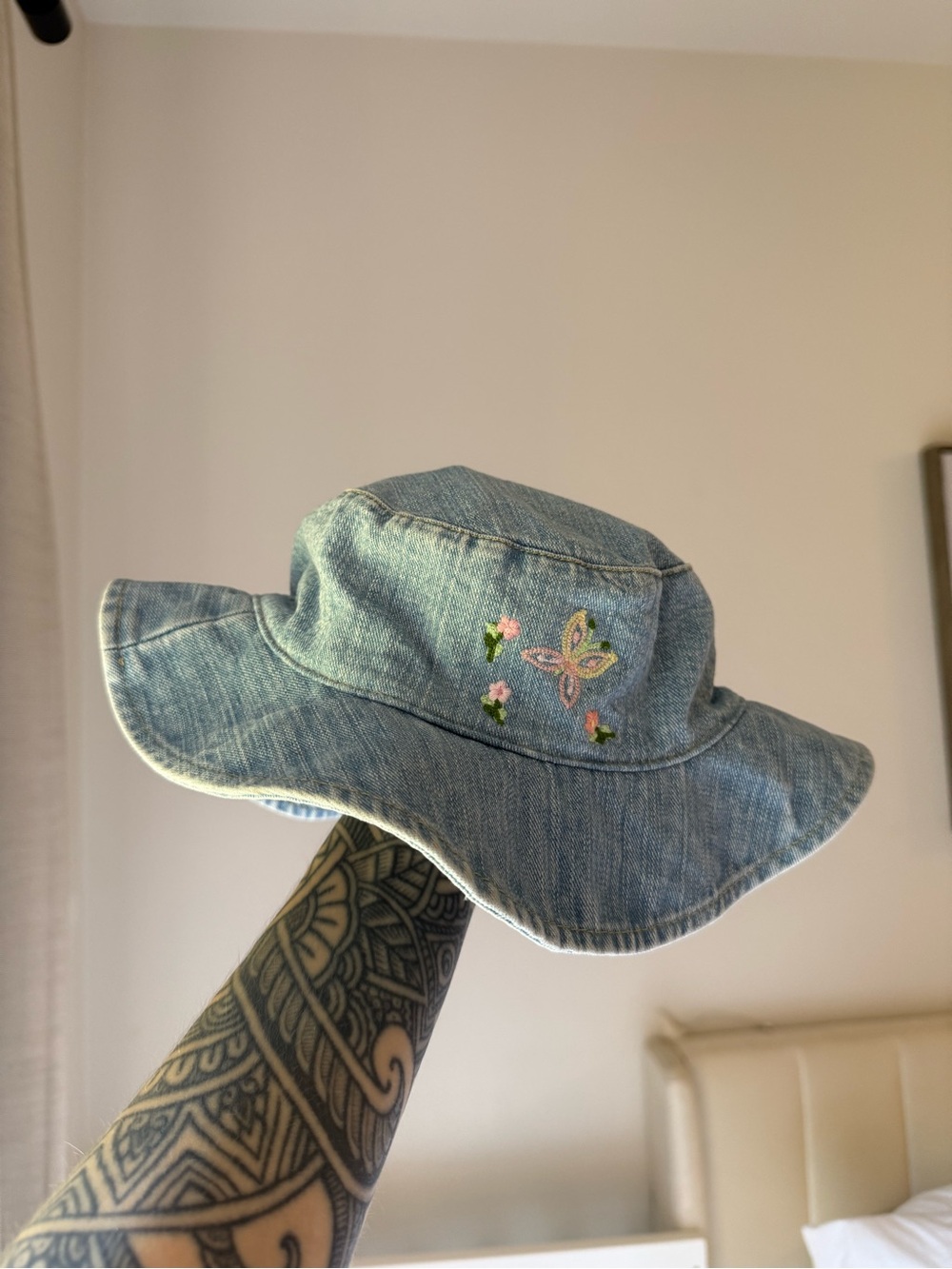 GAP Light Blue Denim Bucket Hat with Embroidered Butterfly